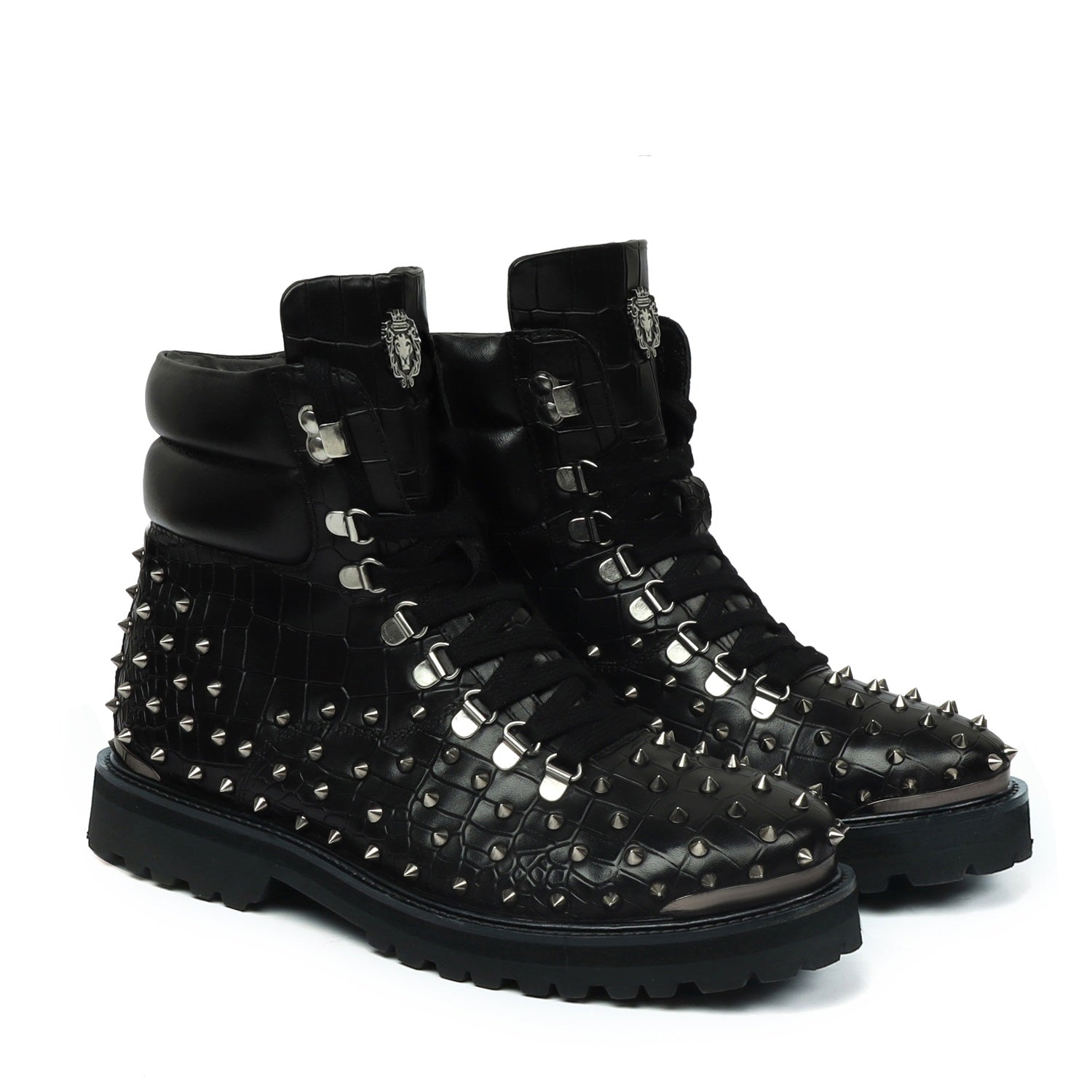 Black Deep Cut Croco Leather with silver stud Ultra Light Weight Biker Boots by Brune & Bareskin
