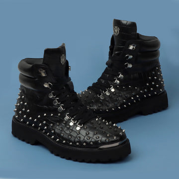 Ultra Light Weight Biker Boots in Black Deep Cut Leather with silver stud by Brune & Bareskin