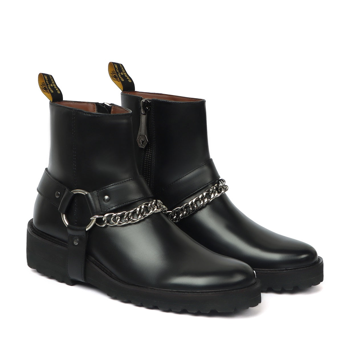 Men's Black Leather High Ankle Boots with Stylish Silver Chain Light Weight Leather Sole one and only by Brune & Bareskin