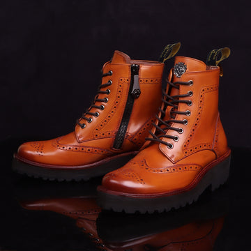 Wingtip Full Punching Brogue Men's Boots in Tan Leather Light Weight By Brune & Bareskin