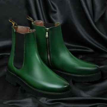 Brush-off High Ankle Chelsea Boots in Green Leather With Light Weight Sole By Brune & Bareskin