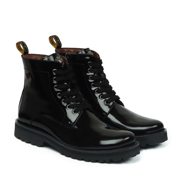 Black Ultra Light Weight Biker Boots Premium Authentic Patent Leather by Brune & Bareskin