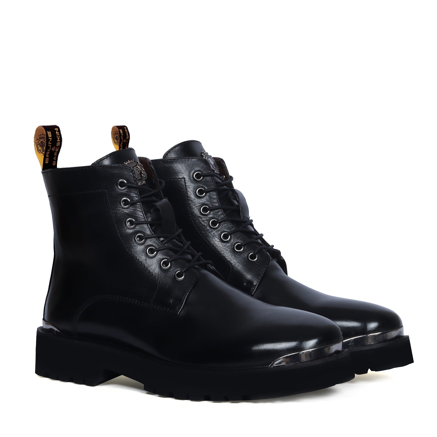 Lace-Up Closure Metal Plate Black Genuine Leather Chunky Boots By Brune & Bareskin