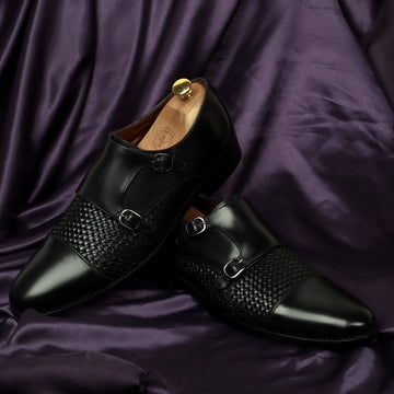 Black Double Monk Leather Shoe Woven Detailed Vamp to Quarter By Brune & Bareskin