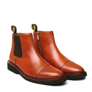 Tan Leather High Ankle Chelsea Boots Leather Sole with Toe Cap Stitching by Brune & Bareskin