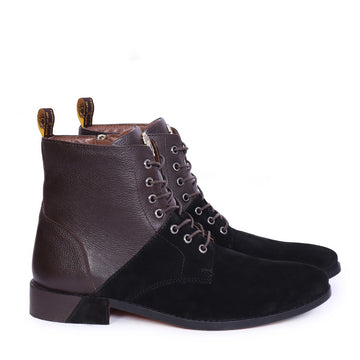 Slanted silhouette Black suede And Dark Brown Genuine Leather men Boots by Brune & Bareskin