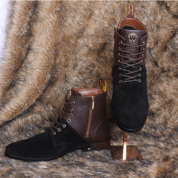 Slanted silhouette Black suede And Dark Brown Genuine Leather men Boots by Brune & Bareskin