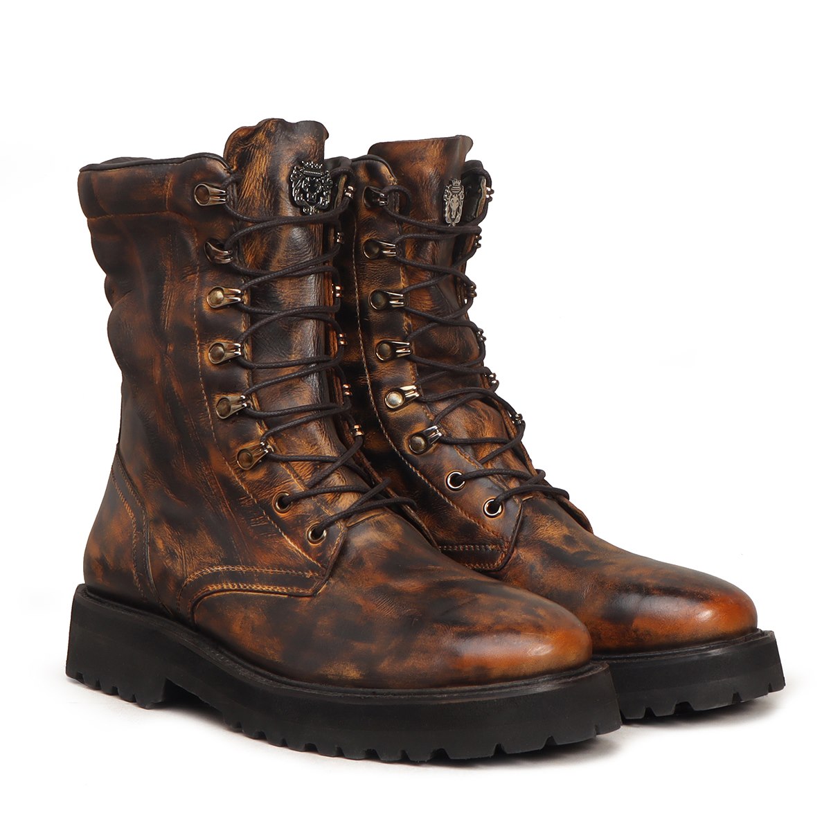 Boots Inverted Inverted Patina Finish Boots High Ankle Textured Dark Brown Leather Li