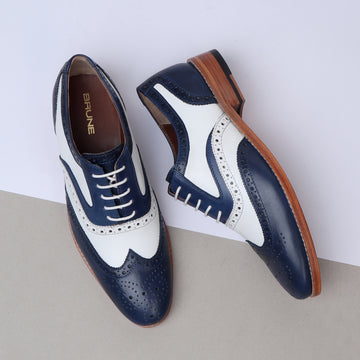 Men's Chic Dual Tone White Blue Genuine Leather Brogue Oxford Lace-up Shoes By Brune & Bareskin