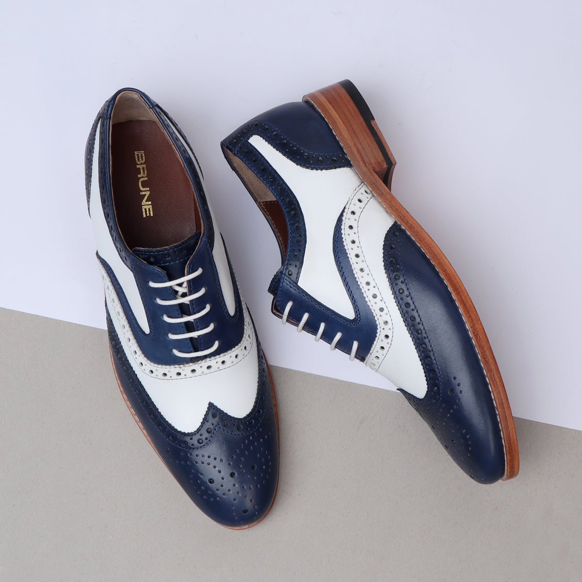 Men's Chic Dual Tone White Blue Genuine Leather Brogue Oxford Lace-up Shoes By Brune & Bareskin Men's Chic Dual Tone White Blue Genuine Leather Brogue Oxford Lace-up Shoes By Brune & Bareskin