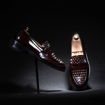 Wine Brush Off  Penny Loafers with Studded Toe Patent Leather