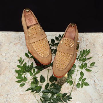 Camel Suede Leather Penny Loafers Studded Toe with Triangular Cut-Strap