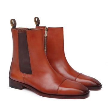 Tan Leather High Ankle Chelsea Boots Leather Sole one and only With Zip Closure by Brune & Bareskin