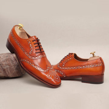 Men's Full Wingtip Tan Studded Long Tail Brogues/Oxford Leather Shoe By Brune & Bareskin