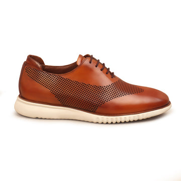 Contrasting Circular Etching Darker Tan One Piece Leather Light Weight Sole Sneakers By Brune & Bareskin