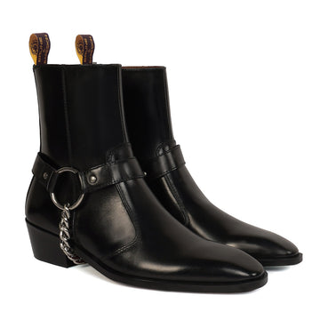 Hand Made Leather Boots Black High Ankle with Stylish Silver Chain by Brune & Bareskin