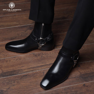 Hand Made Leather Boots Black High Ankle with Stylish Silver Chain by Brune & Bareskin