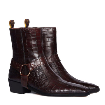 Cuban Heel Dark Brown Boots with Removable Buckle Strap Deep Cut Croco Textured Leather