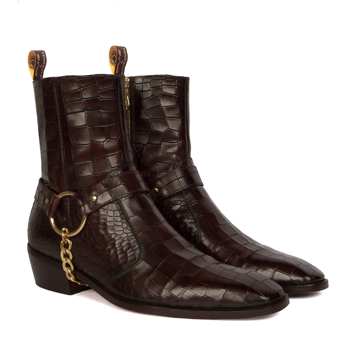 Dark Brown High Ankle Hand Made Side Zip Leather Boots With Stylish Golden Chain