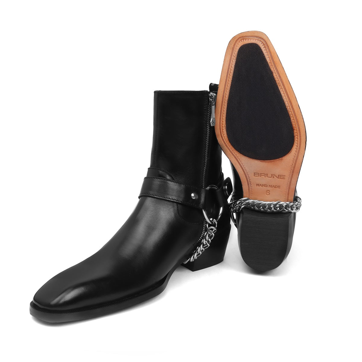 Hand Made Leather Boots Black High Ankle with Stylish Silver Chain by