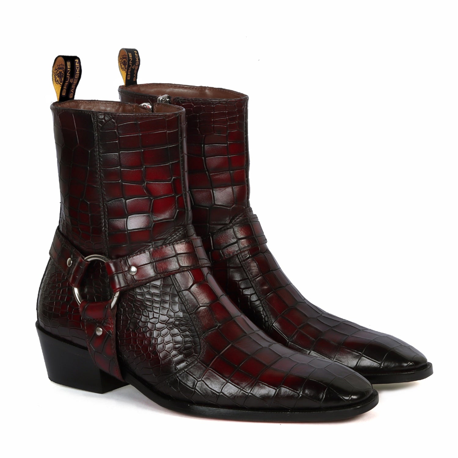 Removable/Adjustable Buckle Smokey Wine Perfect Cuban Heel Croco Textured Leather Boots