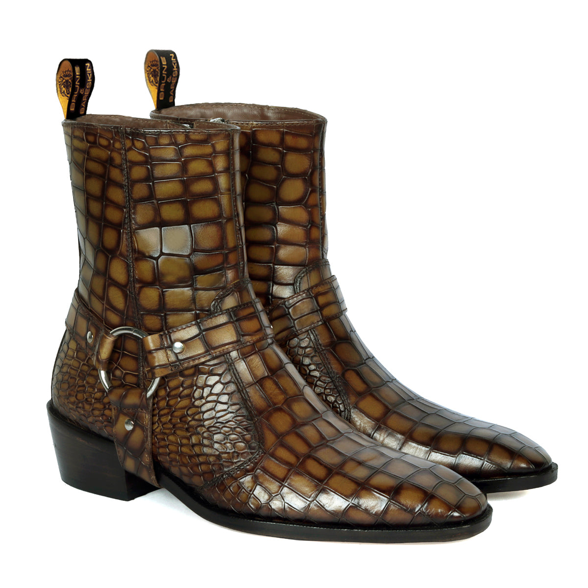 Removable/Adjustable Buckle Smokey Finish Perfect Olive Cuban Heel Croco Textured Leather Boots
