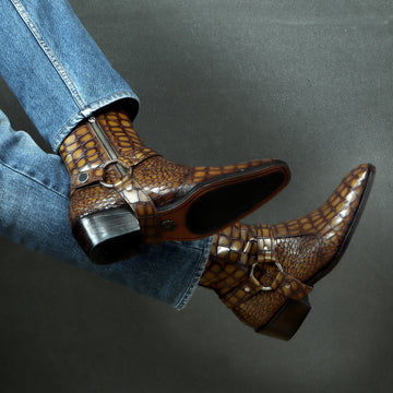 Removable/Adjustable Buckle Smokey Finish Perfect Olive Cuban Heel Croco Textured Leather Boots