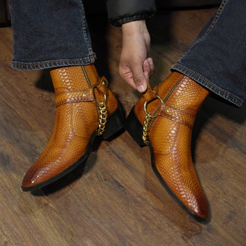 Circular Ring Removable Buckle Snake Skin Textured (40MM)Cuban Heel Tan Leather Boot