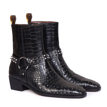 Black Deep Cut Leather Boots with Cuban Heel Metal Fleck & Silver Studded Buckle Strap By Brune & Bareskin