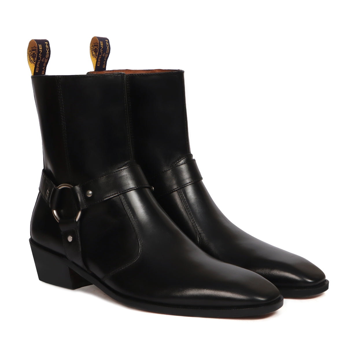 Stylish Buckle Strap Side Zipper Boot in Black Genuine Leather with Perfect Cuban Heel