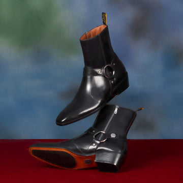 Stylish Buckle Strap Side Zipper Boot in Black Genuine Leather with Perfect Cuban Heel