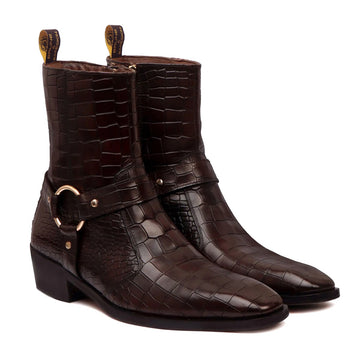 Cuban Boots with Stylish Strap for Men in Dark Brown Deep Cut Leather