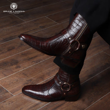 Cuban Boots with Stylish Strap for Men in Dark Brown Deep Cut Leather