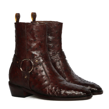 Exotic Dark Brown Boots in Ostrich Leather with Perfect Cuban Heel