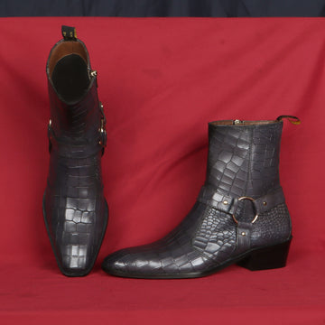 Grey Deep Cut Leather Boots Perfect Cuban Heel With Stylish Buckle Strap By Brune & Bareskin