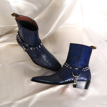 Blue Cuban Heel Boots with Metal Fleck & Silver Studded Buckle Strap in Deep Cut Leather