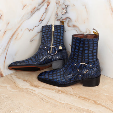 Cuban Boots with Stylish Buckle Strap for Men in Blue Deep Cut Leather