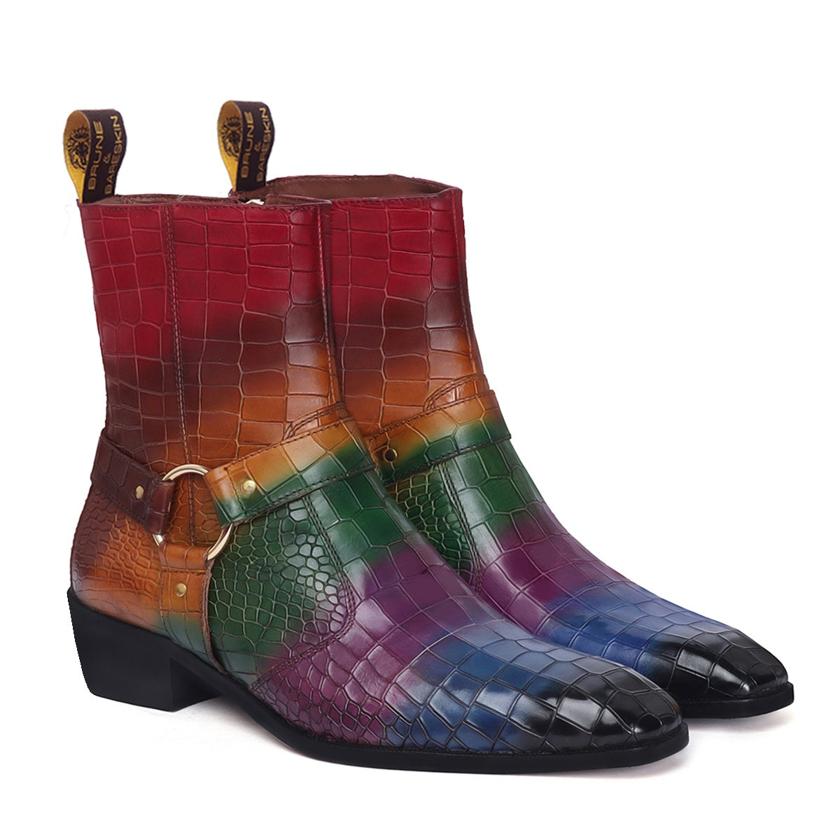 Multi-Colored Cuban Heel Boots in Croco Textured Leather with Stylish Strap