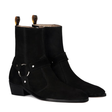 Black Suede Leather Boots Stylish Buckle Strap with Perfect Cuban Heel Side Zipper