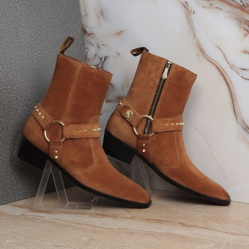 Brown Studded Boots in Suede Leather perfect Cuban heel Side Zipper by Brune & Bareskin