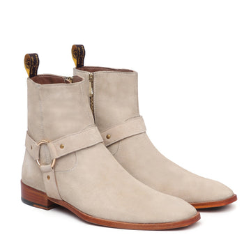 Hand Made Beige Chelsea Boots in Suede Leather with Stylish Buckle by Brune & Bareskin