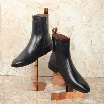 Quarter Layered Stitched Zip Closure Black Leather Chelsea Boots by Brune & Bareskin