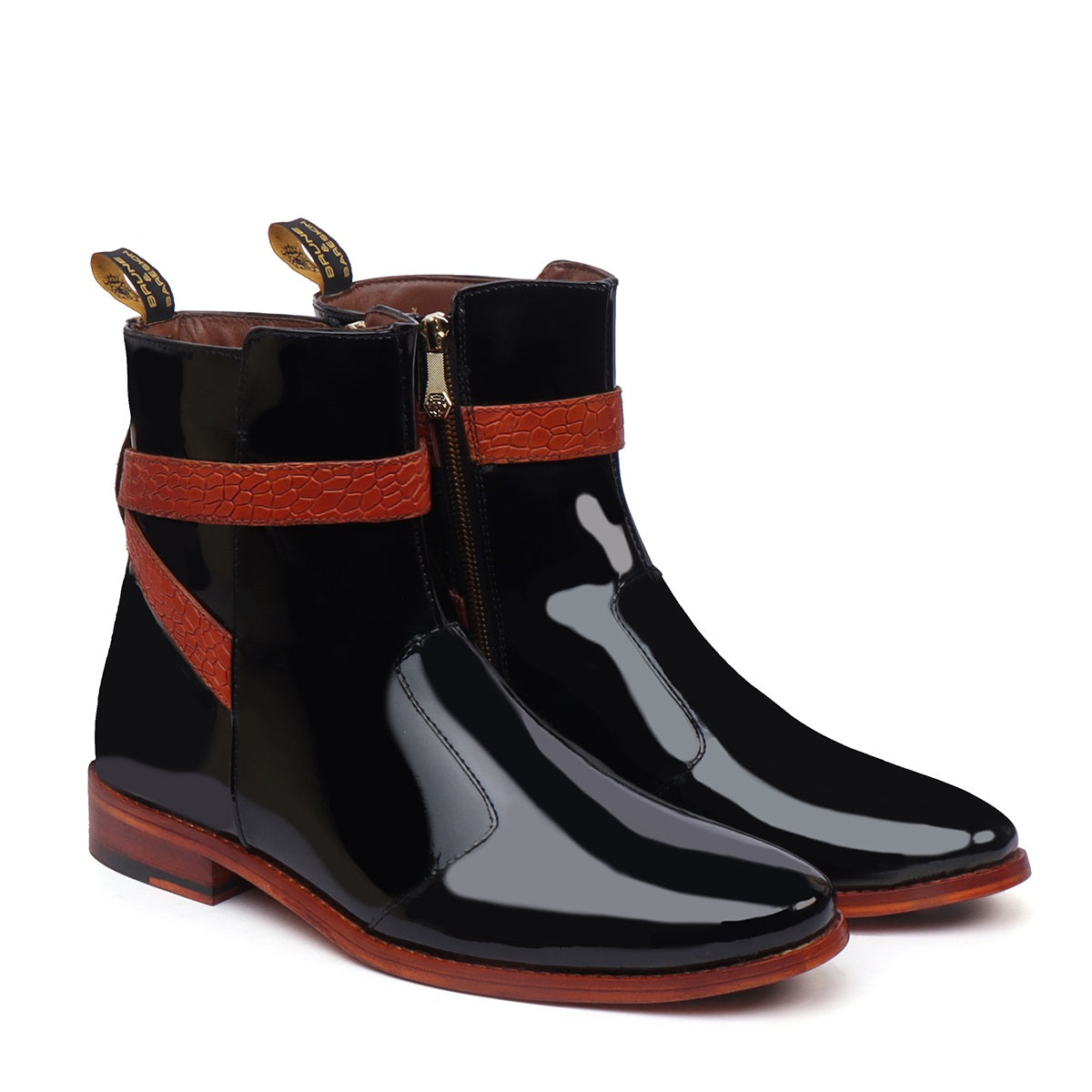 Black Patent Jodhpur Riding Boots with Tan Croco Leather Wrapped Strap Boots by Brune & Bareskin