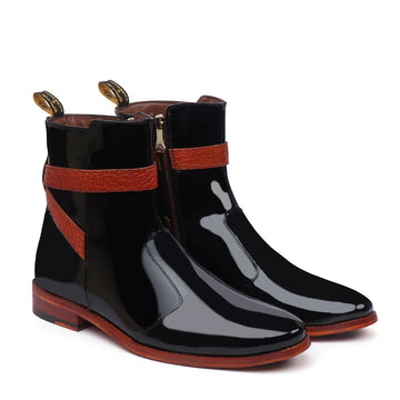 Black Patent Jodhpur Riding Boots with Tan Croco Leather Wrapped Strap Boots by Brune & Bareskin