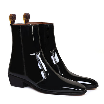 Black Patent Formal Boots Cuban Heel Zipper Closure