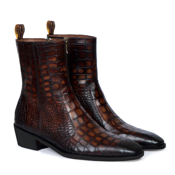 Smokey Finish Cuban Heel Chelsea Boots in Tobacco Stitched High Ankle Deep Cut Leather Zip Closure By Brune & Bareskin
