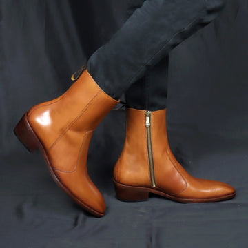 Perfect Cuban Stitched Tan Boots High Ankle Zip Closure By Brune & Bareskin