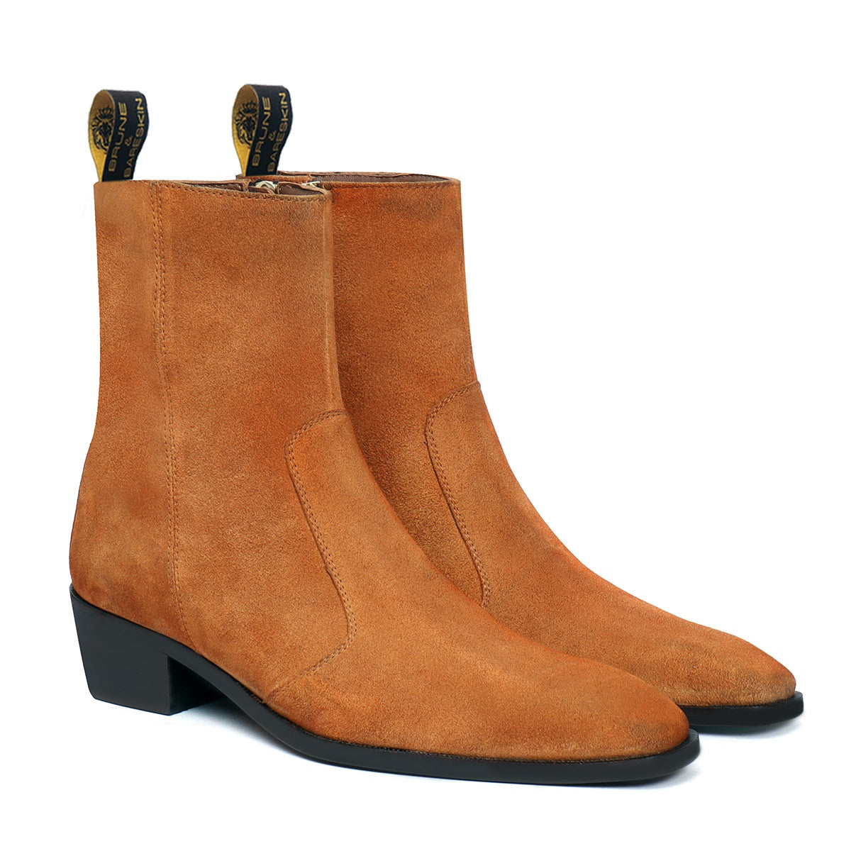 Camel Suede Leather Cuban Heel Boot with Zip Closure