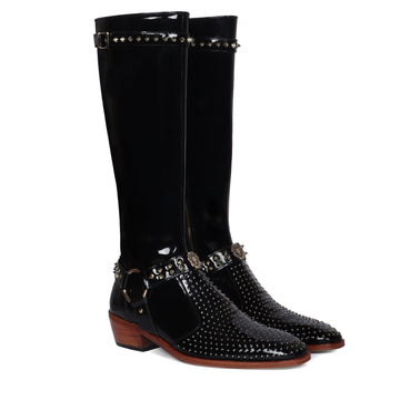 Studded Detailing Knee Hight Cuban Heel Boot in Black Patent Leather with Stylish Buckle Zipper Closure By Brune & Bareskin