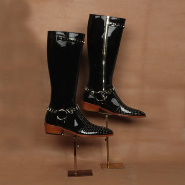 Studded Detailing Knee Hight Cuban Heel Boot in Black Patent Leather with Stylish Buckle Zipper Closure By Brune & Bareskin